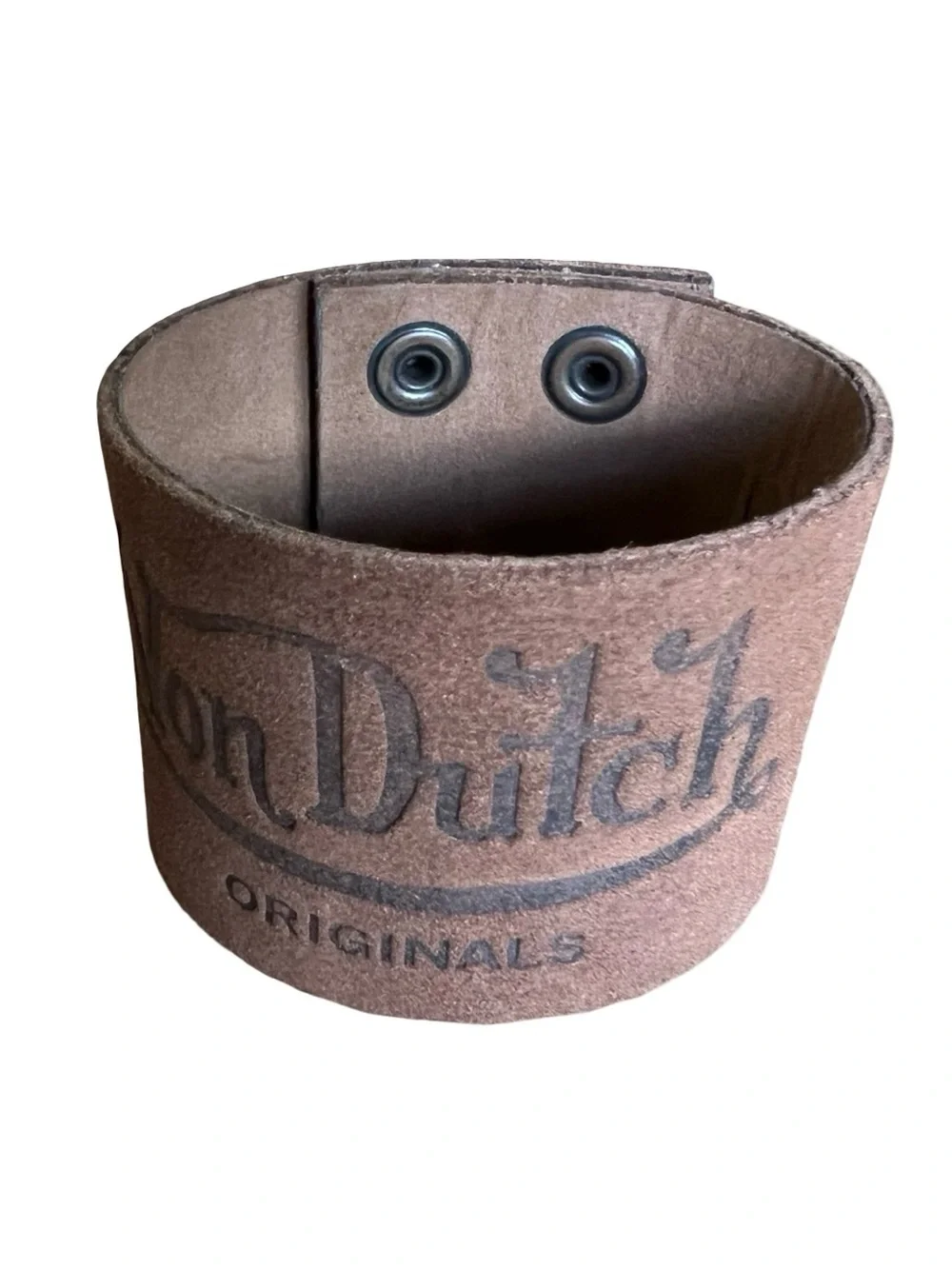 RARE Y2K VON DUTCH 2” Brown Faux-Leather Cuff Bracelet Snaps Moto Edgy Rock Roll